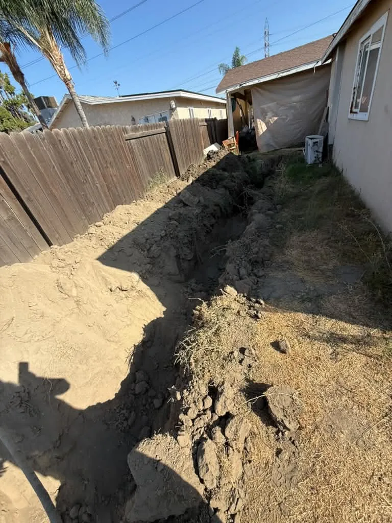 Backyard excavation along a block wall fence, dry soil piled, palms overhead
