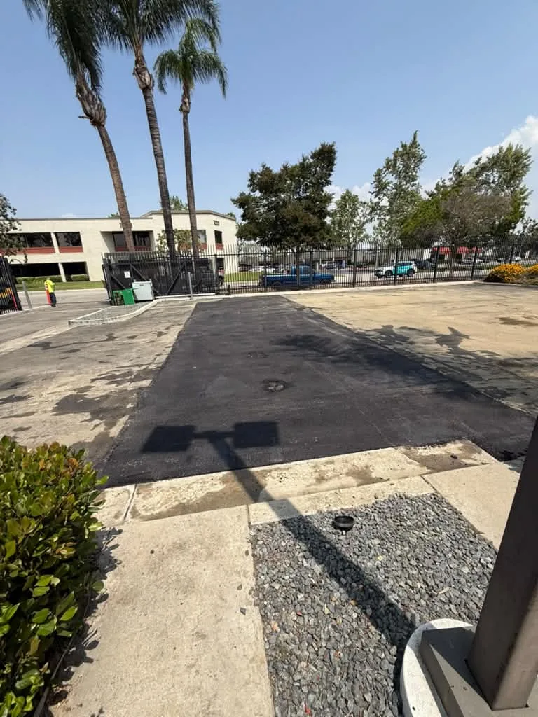 Finished trench patch across a commercial parking lot with palms and building behind